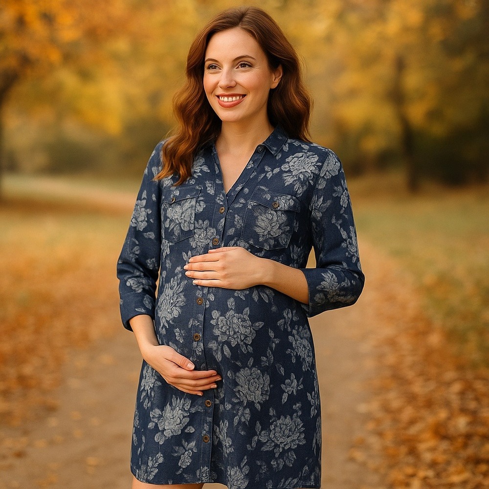 Gap Maternity Blue Floral Denim Shirt Dress Small Long Sleeve Knee Length Casual